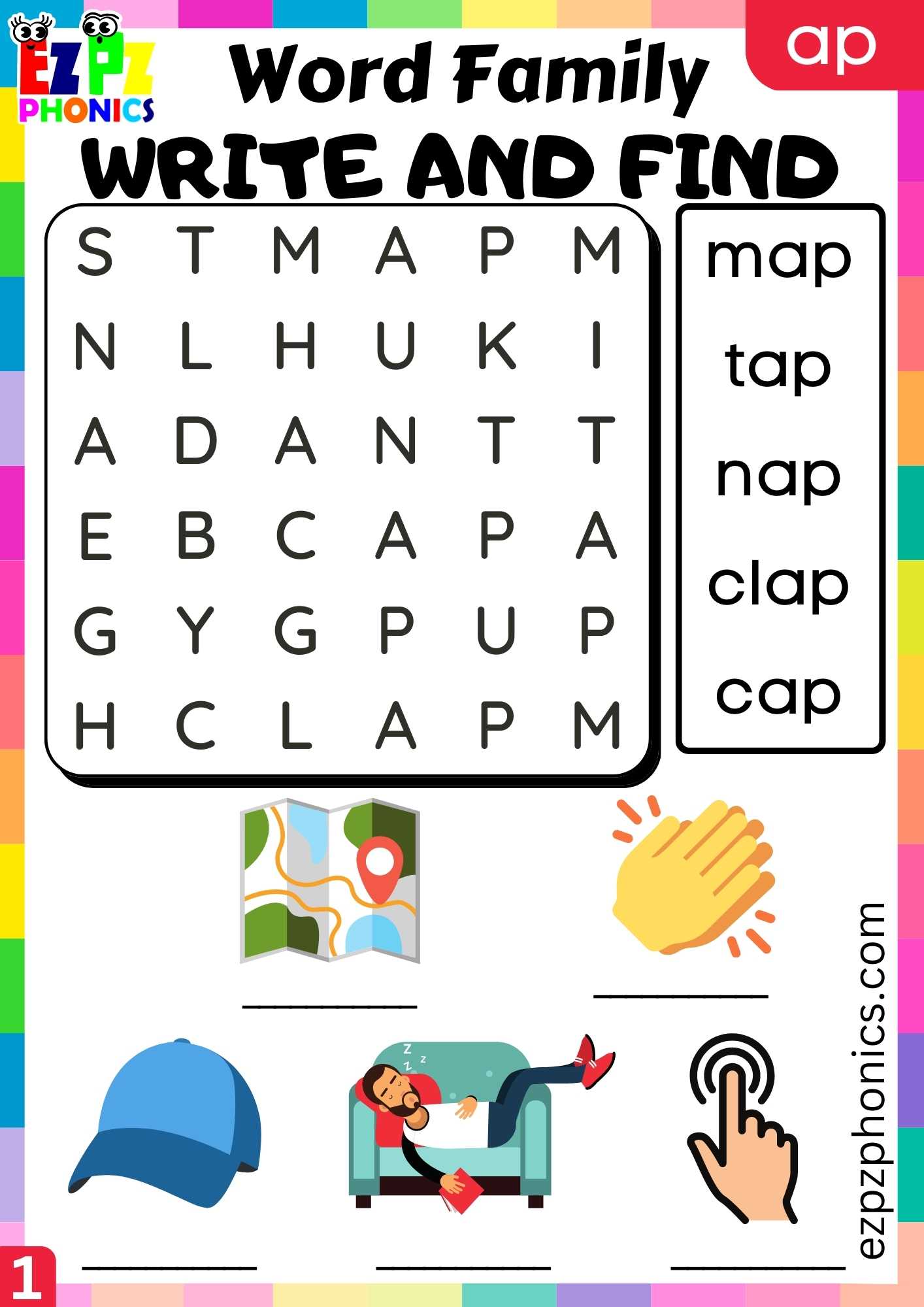 AP Words Write And Find Phonics Word Families Worksheet